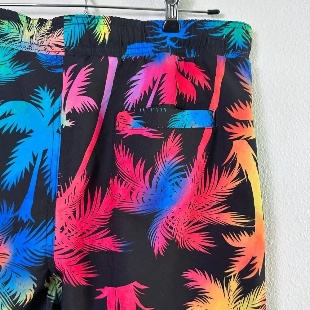 Surf Society Swim Trunks Shorts Mens Size L Black Neon Ombre Palm Floral Pockets